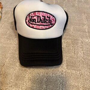 Von Dutch Black and White Trucker Hat with Pink Logo